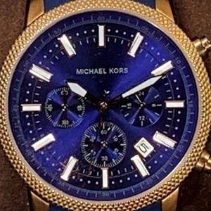 Michael Kors MK8410 Scout chronograph wrist watch gold tone with navy blue strap